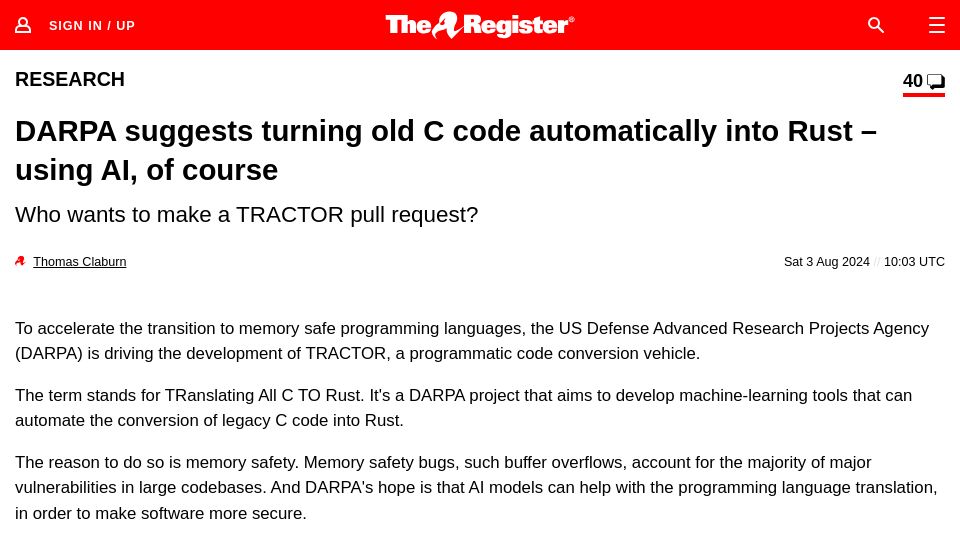 Screenshot of theregister.com: DARPA suggests turning old C code automatically into Rust – using AI, of course