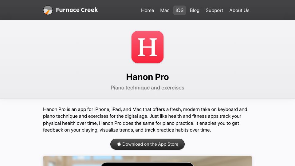 Screenshot of furnacecreek.org: Show HN: Hanon Pro – piano technique and exercises for the digital age