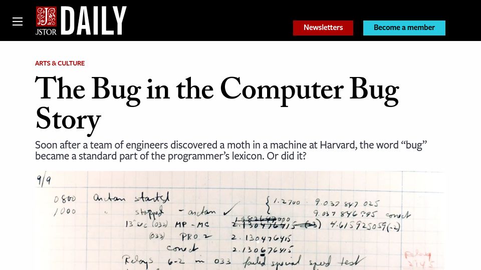Screenshot of daily.jstor.org: The Bug in the Computer Bug Story (2022)