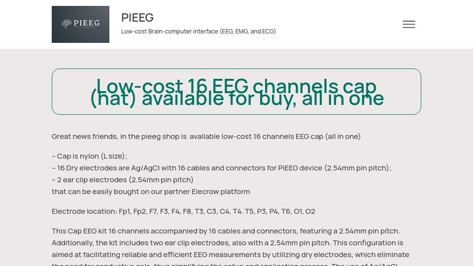 Screenshot of pieeg.com: Low-cost 16 EEG channels cap (hat) for PiEEG