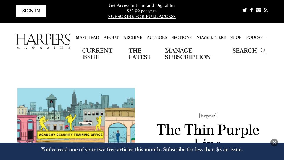 Screenshot of harpers.org: The Thin Purple Line