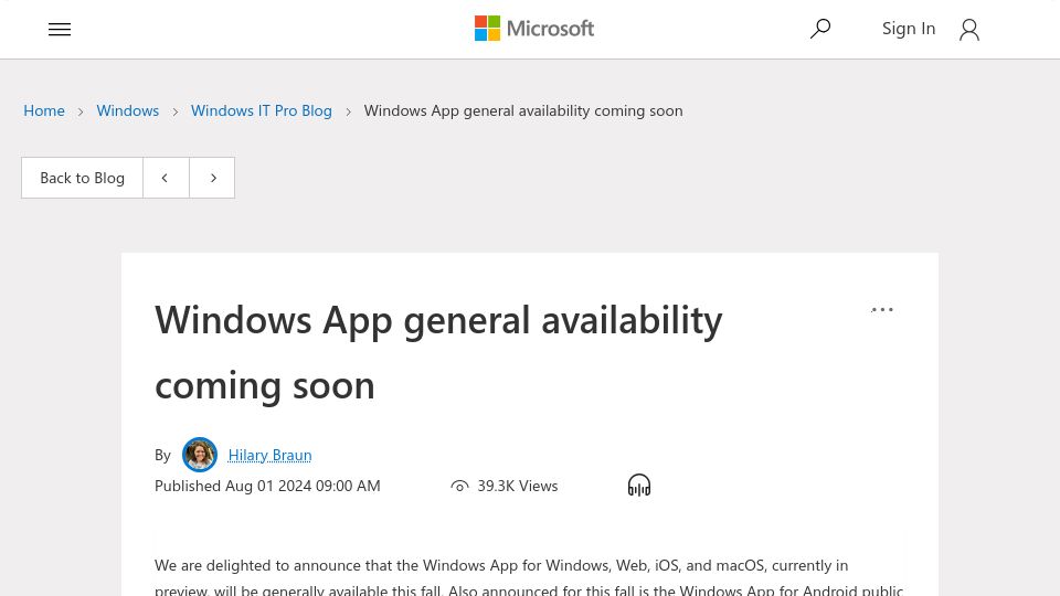 Screenshot of techcommunity.microsoft.com: Microsoft Remote Desktop will be renamed to Windows App