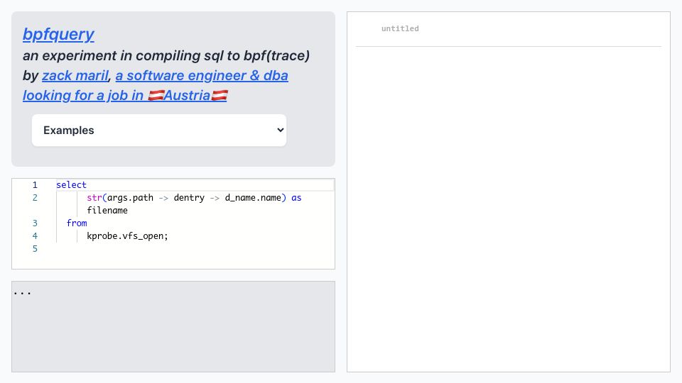 Screenshot of bpfquery.com: Show HN: bpfquery – experimenting with compiling SQL to bpf(trace)
