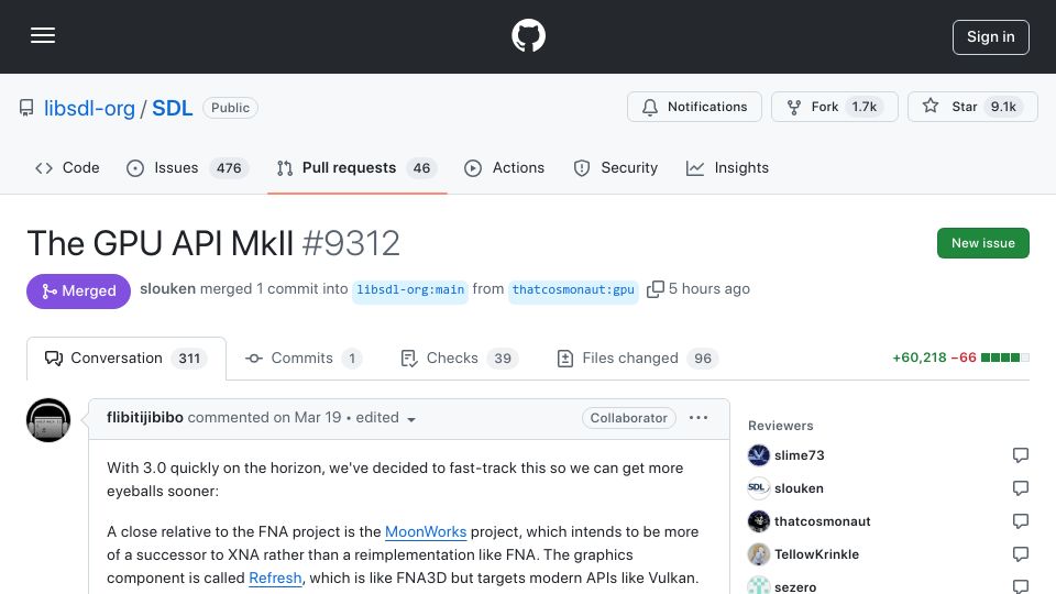 Screenshot of github.com: SDL3 new GPU API merged