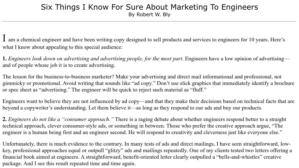 Screenshot of bly.com: Marketing to Engineers (2001)