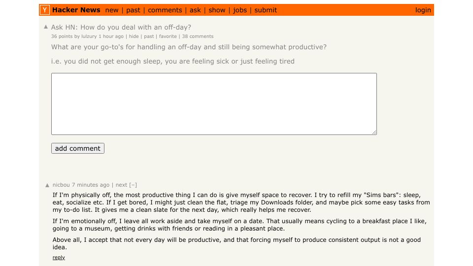 Screenshot of Hacker News post: Ask HN: How do you deal with an off-day?