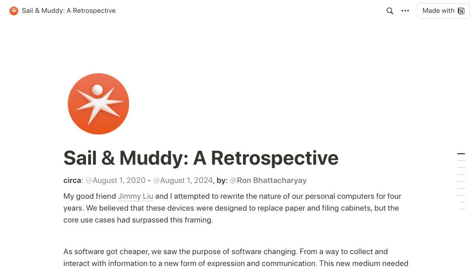 Screenshot of feelmuddy.notion.site: Sail and Muddy: A Retrospective