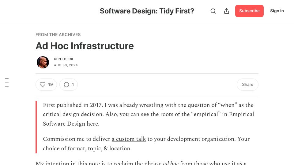 Screenshot of tidyfirst.substack.com: Ad Hoc Infrastructure – By Kent Beck