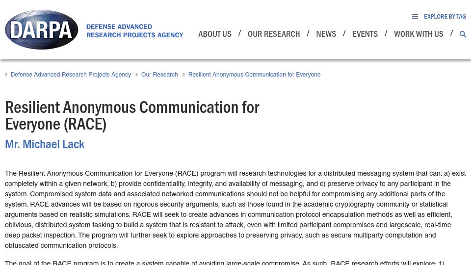 Screenshot of darpa.mil: Resilient Anonymous Communication for Everyone (RACE)