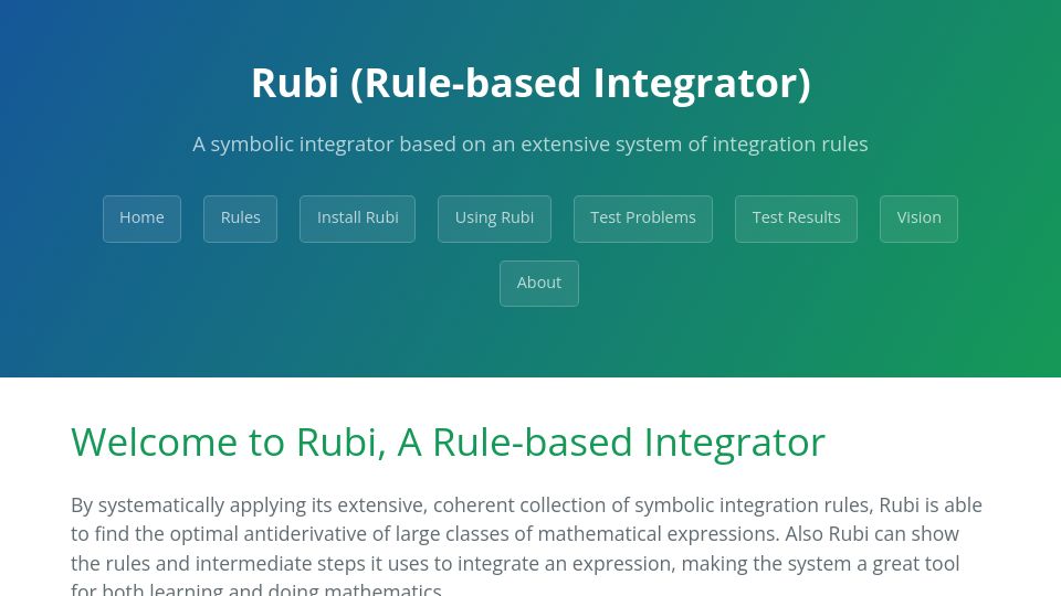 Screenshot of rulebasedintegration.org: Rubi: Symbolic integrator based on an extensive system of integration rules