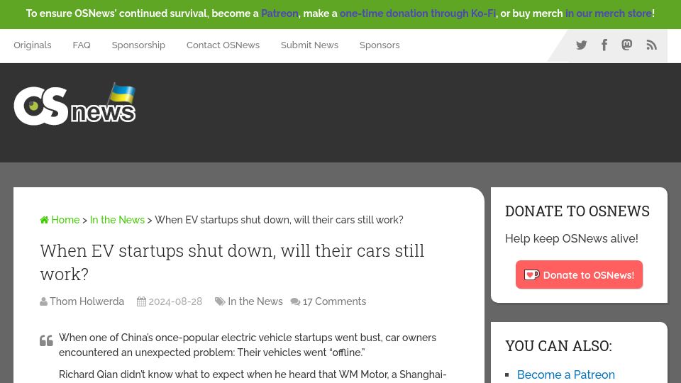 Screenshot of osnews.com: When EV startups shut down, will their cars still work?