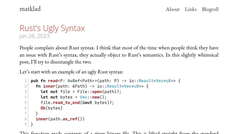 Screenshot of matklad.github.io: Rust's Ugly Syntax (2023)