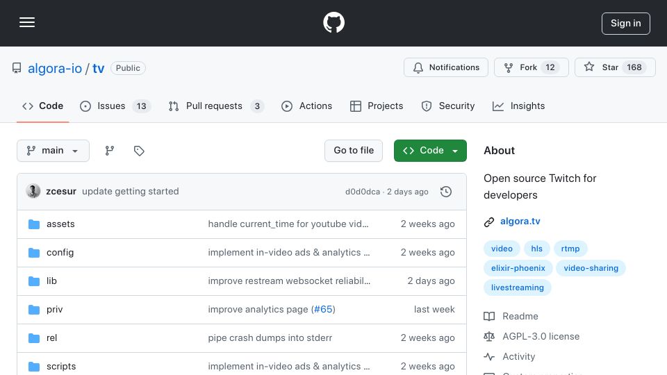 Screenshot of github.com: Open Source Twitch for Developers