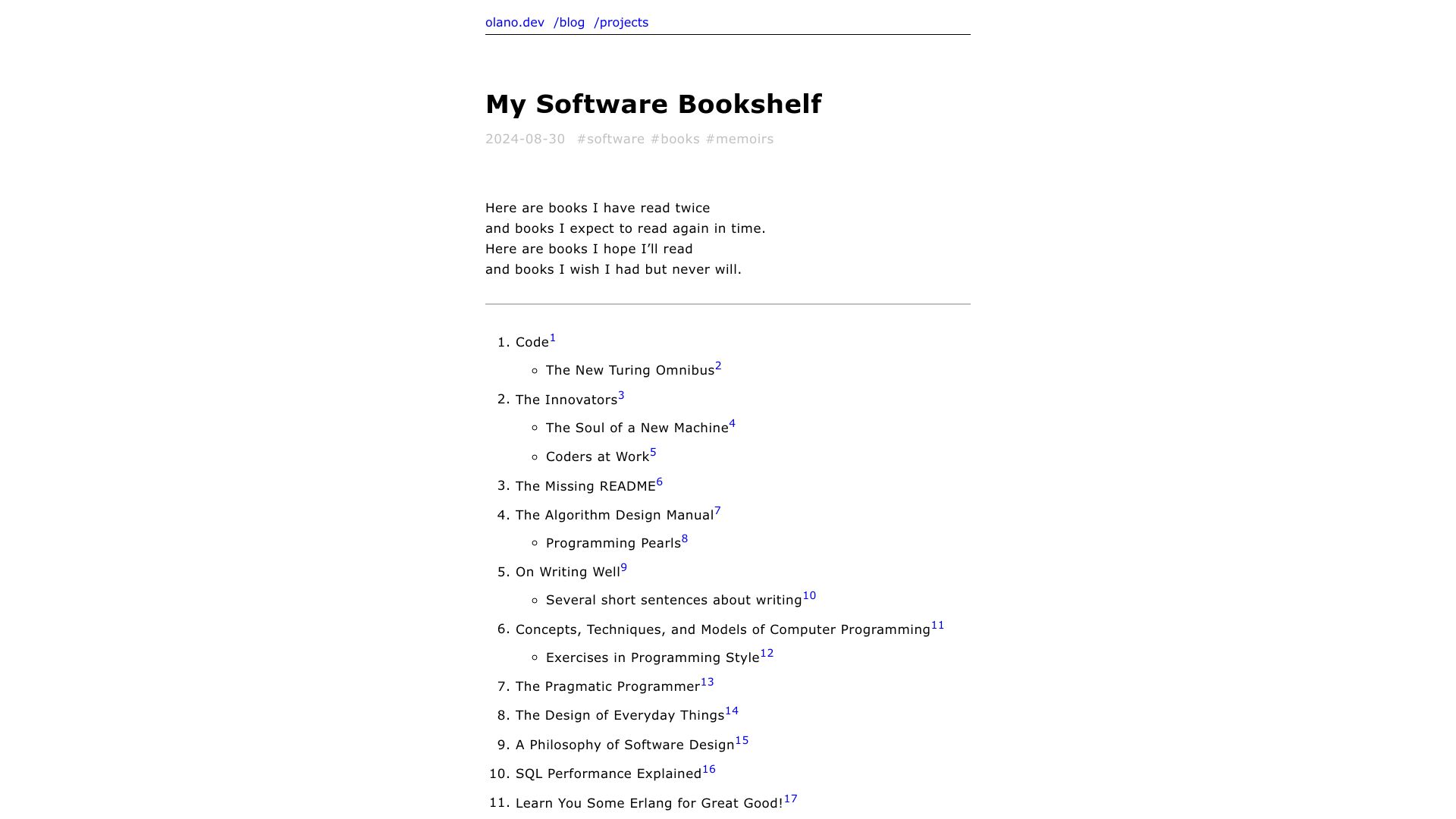 Screenshot of olano.dev: My Software Bookshelf