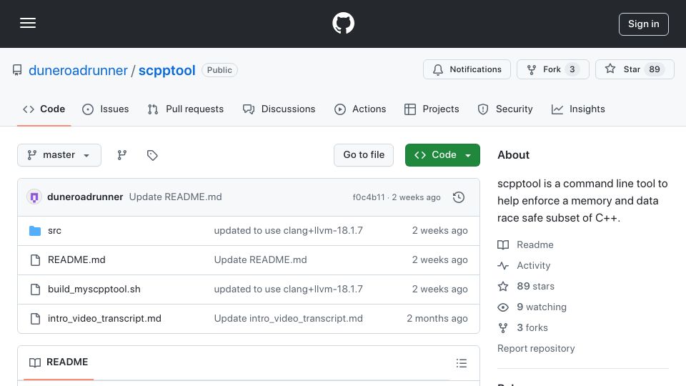 Screenshot of github.com: Scpptool – a tool to enforce a memory and data race safe subset of C++