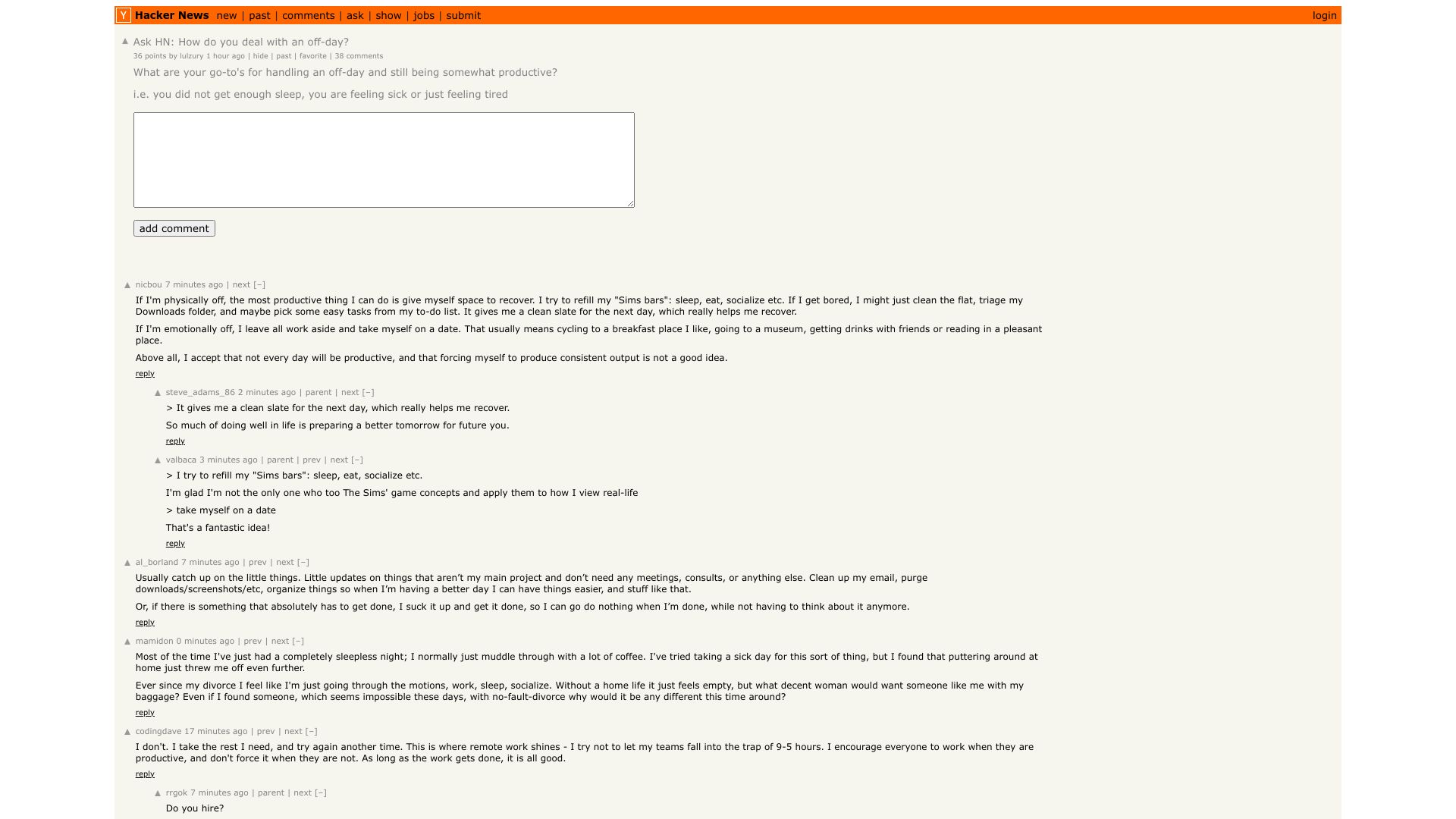 Screenshot of this Hacker News post: Ask HN: How do you deal with an off-day?