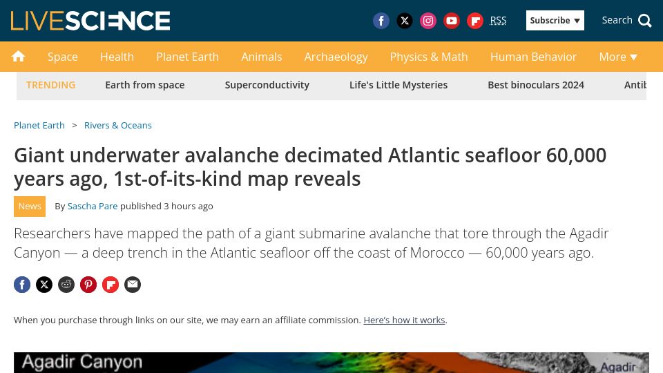 Screenshot of livescience.com: Giant underwater avalanche decimated Atlantic seafloor 60k years ago