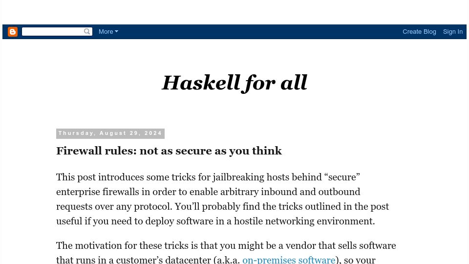 Screenshot of haskellforall.com: Firewall rules: not as secure as you think