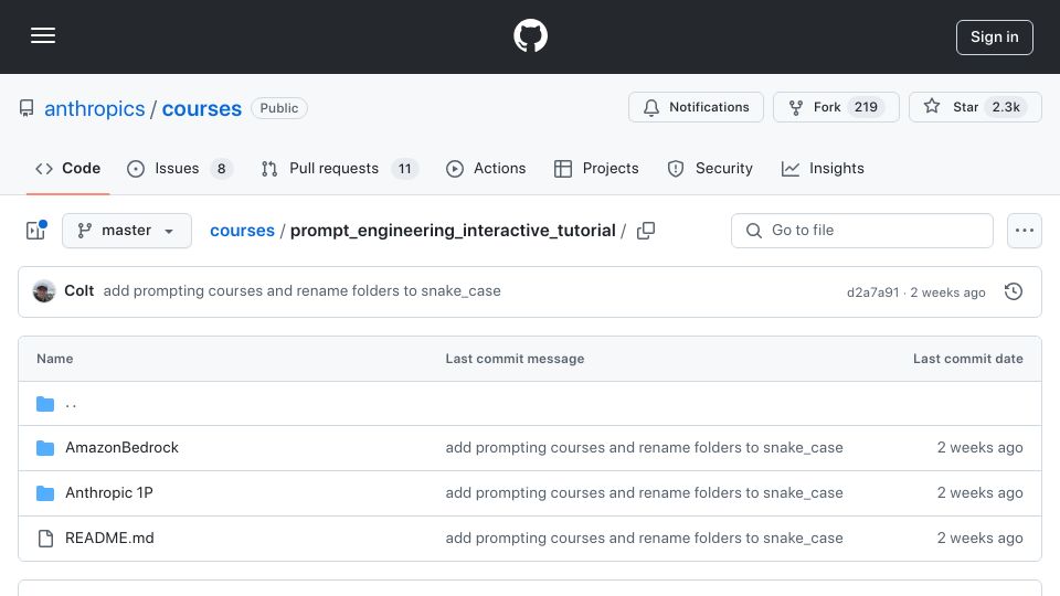 Screenshot of github.com: Anthropic's Prompt Engineering Interactive Tutorial