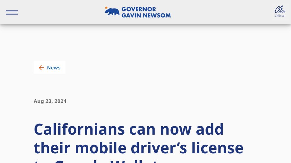 Screenshot of gov.ca.gov: Californians can now add their mobile driver's license to Google Wallet