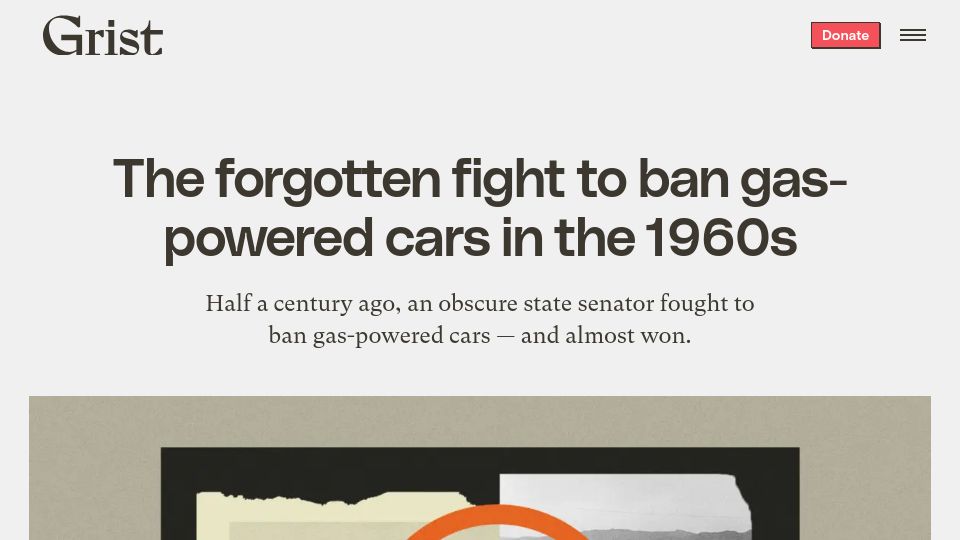 Screenshot of grist.org: The fight to ban gas-powered cars in the 1960s