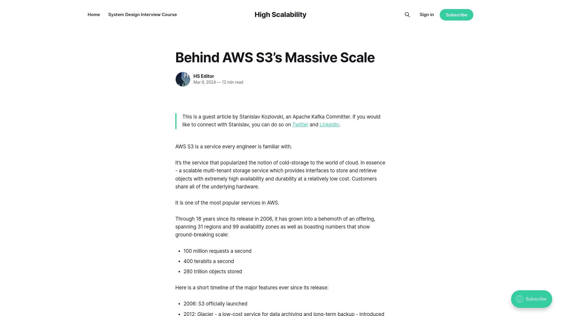 Screenshot of highscalability.com: Behind AWS S3's Scale