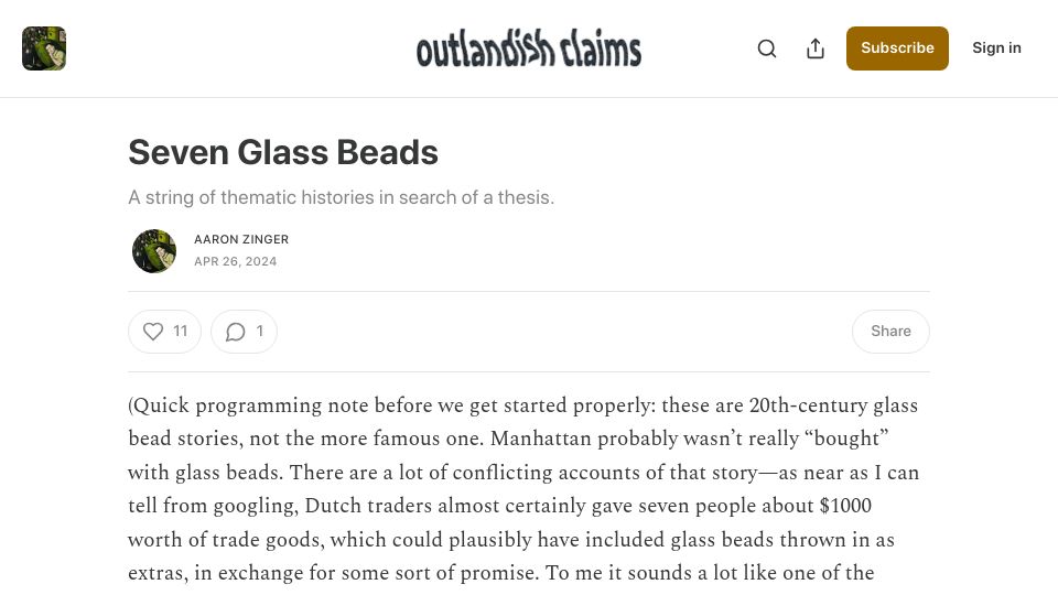 Screenshot of outlandishclaims.substack.com: Glass Beads