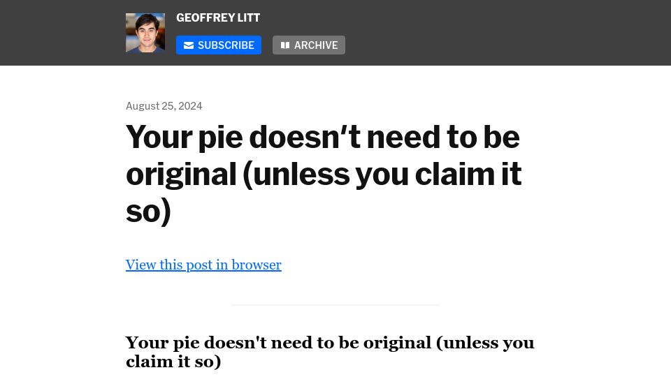 Screenshot of buttondown.com: Pie doesn't need to be original unless you claim it so