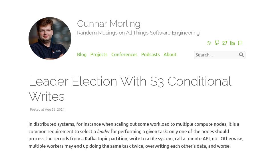 Screenshot of morling.dev: Leader Election with S3 Conditional Writes