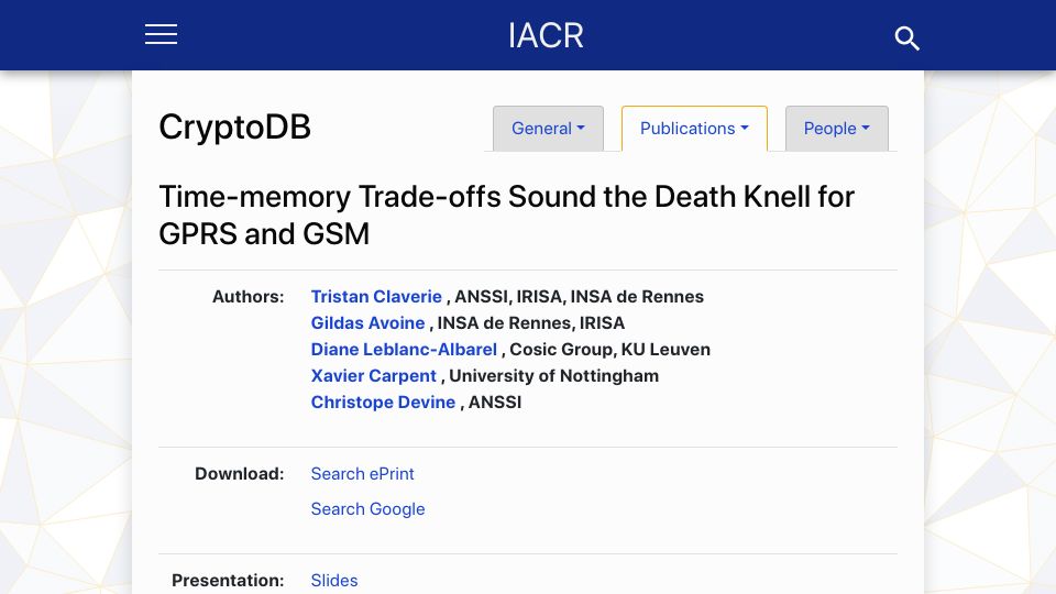 Screenshot of iacr.org: Time-Memory Trade-Offs Sound the Death Knell for GPRS and GSM