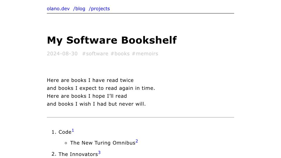 Screenshot of olano.dev: My Software Bookshelf
