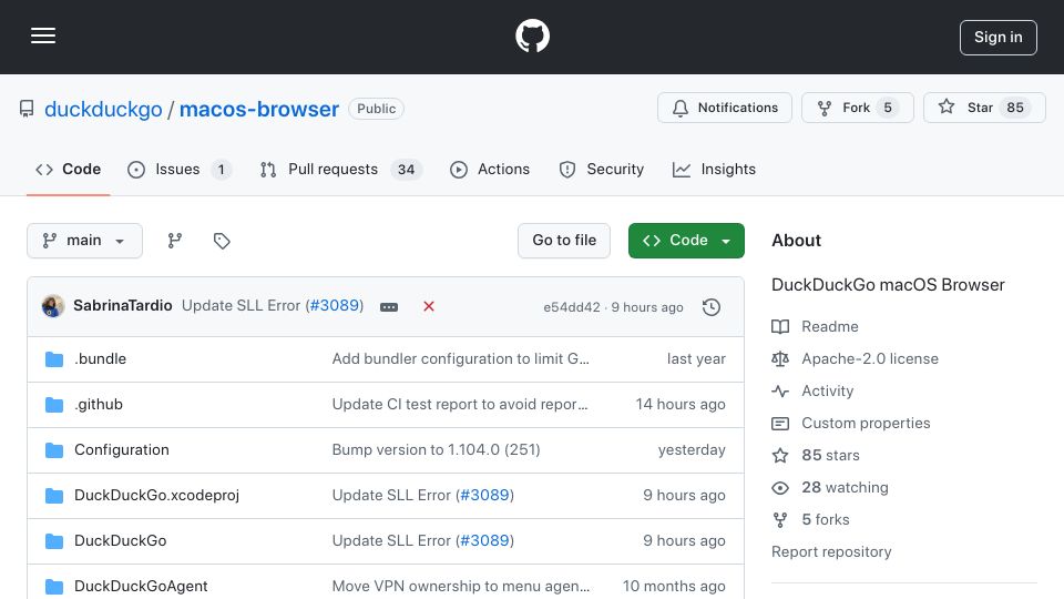 Screenshot of github.com: DuckDuckGo for Mac is now open source