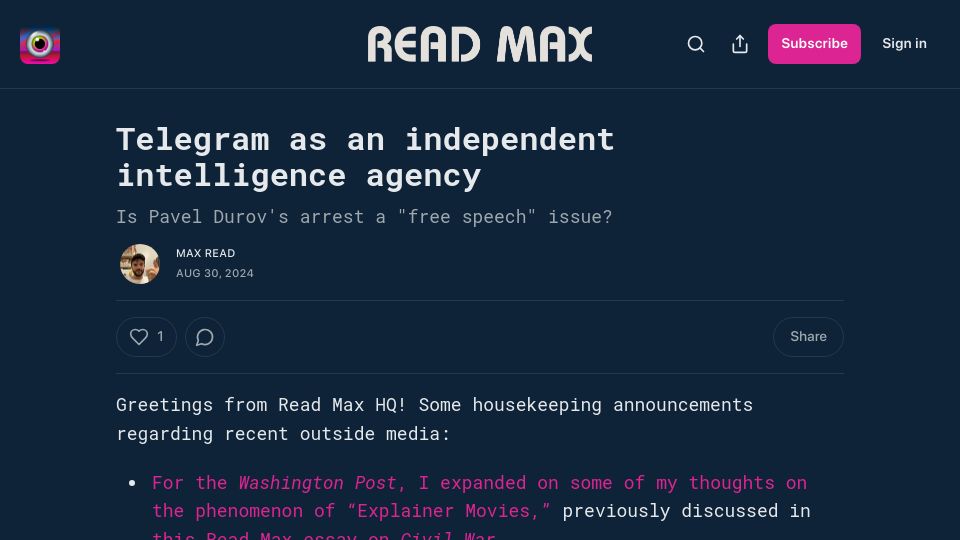 Screenshot of maxread.substack.com: Telegram as an Independent Intelligence Agency