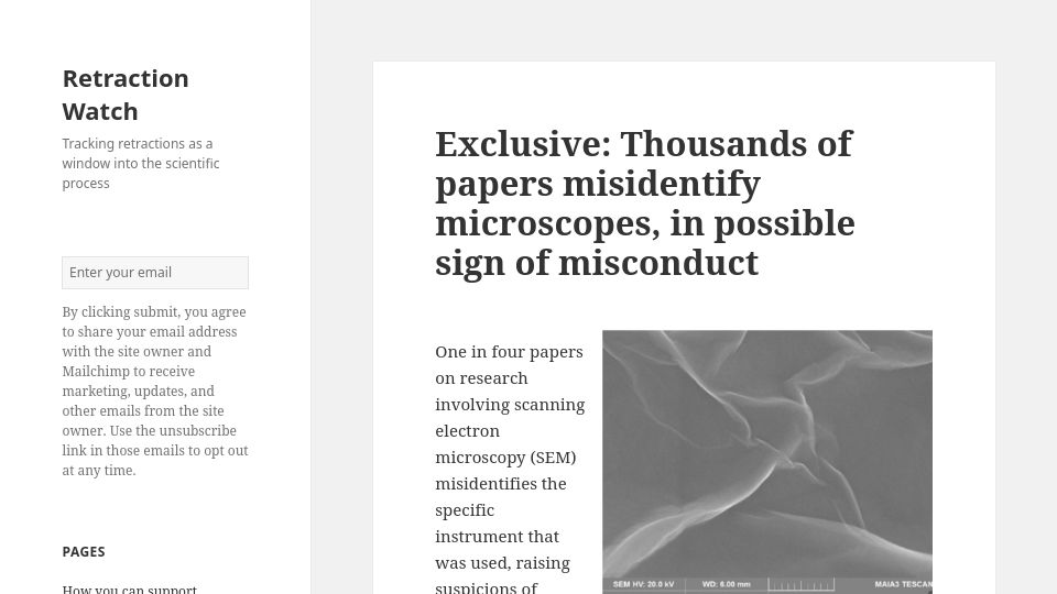 Screenshot of retractionwatch.com: Thousands of papers misidentify microscopes, in possible sign of misconduct
