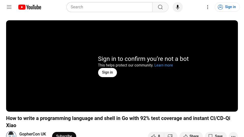 Screenshot of youtube.com: Language and shell in Go with 92% test coverage and instant CI/CD [video]