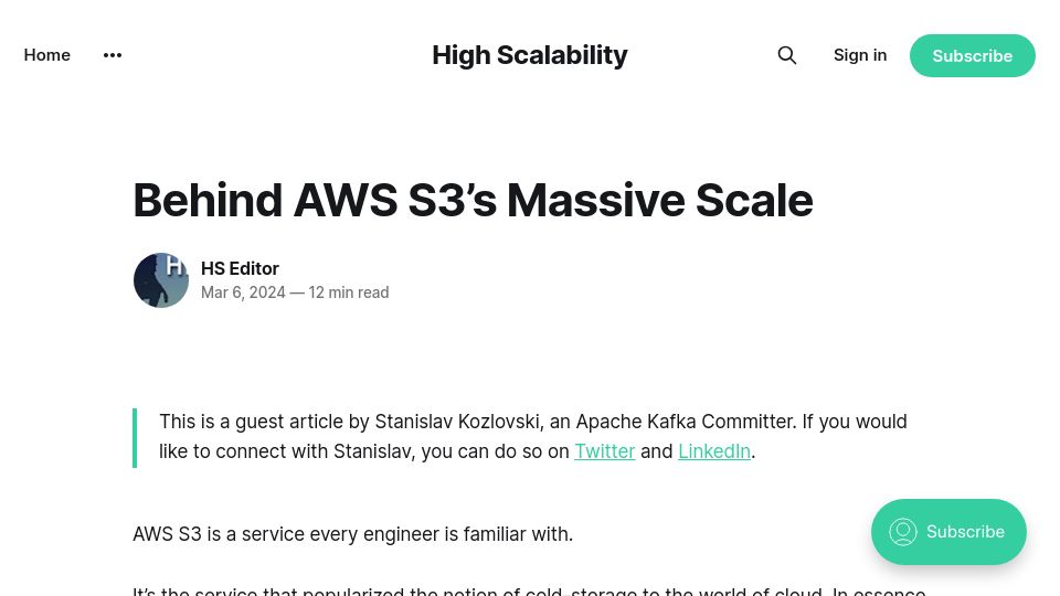 Screenshot of highscalability.com: Behind AWS S3's Scale