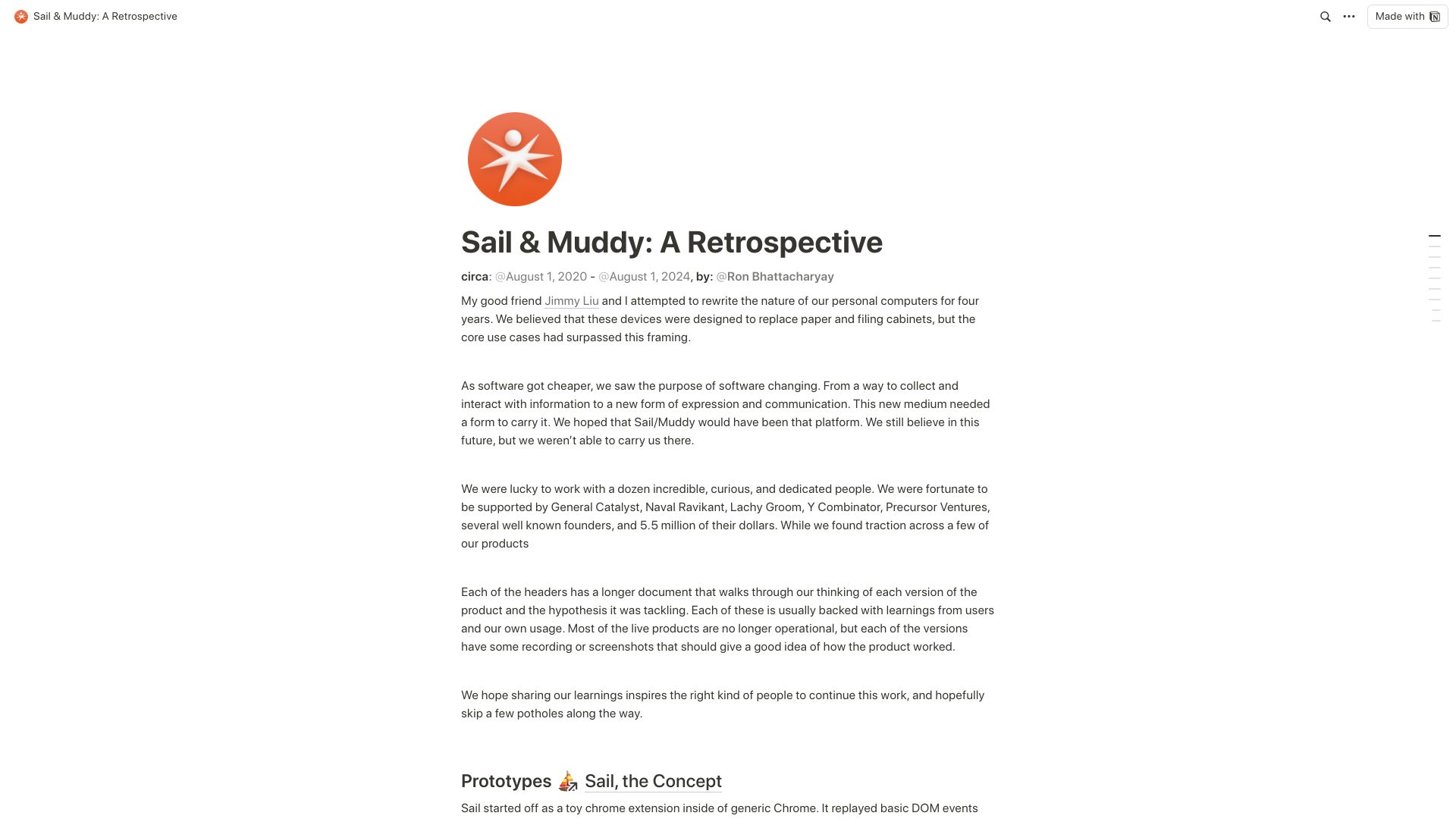 Screenshot of feelmuddy.notion.site: Sail and Muddy: A Retrospective