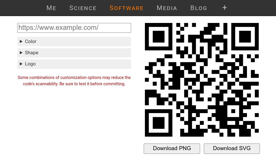 Screenshot of fietkau.software: Client-side QR code generator with SVG output