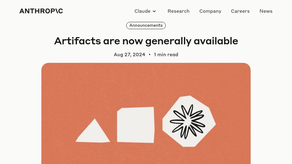 Screenshot of anthropic.com: Artifacts are now generally available
