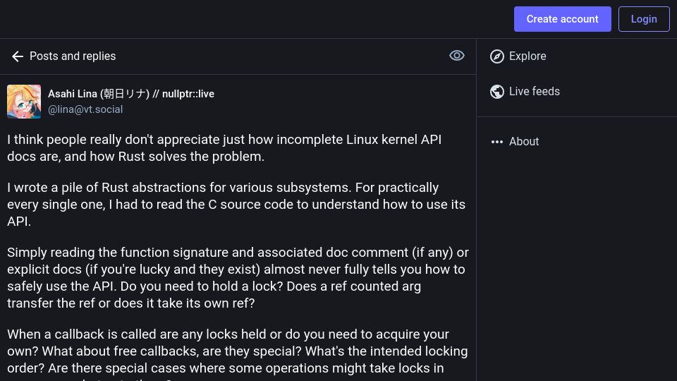 Screenshot of vt.social: Rust solves the problem of incomplete Kernel Linux API docs