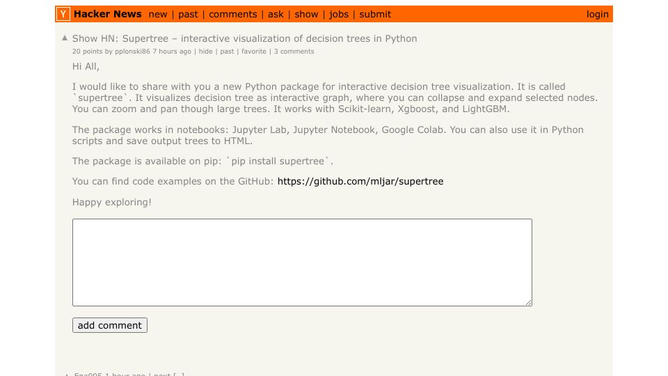 Screenshot of Hacker News post: Show HN: Supertree – interactive visualization of decision trees in Python