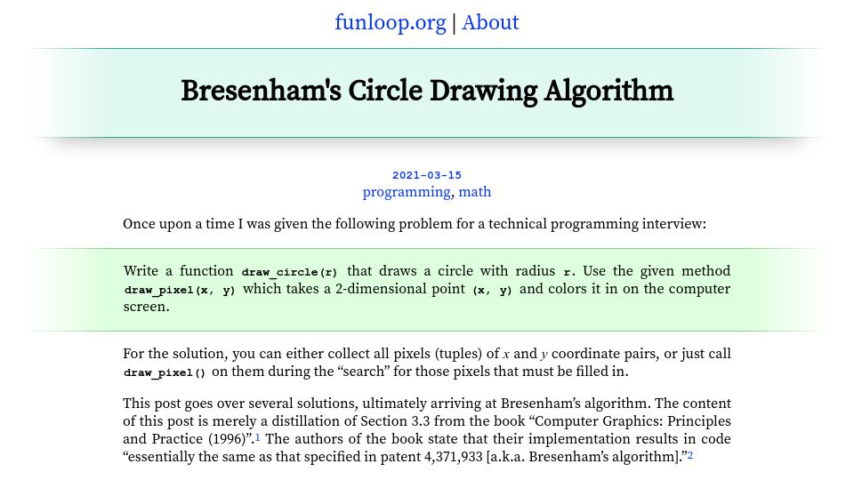 Screenshot of funloop.org: Bresenham's Circle Drawing Algorithm (2021)