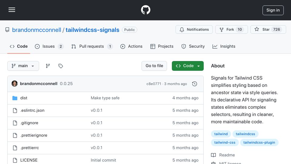 Screenshot of github.com: Signals for Tailwind CSS (styling based on ancestor state via style queries)