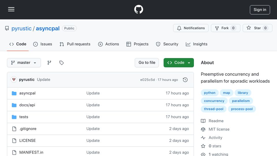 Screenshot of github.com: Show HN: Asyncpal: Preemptive concurrency and parallelism for sporadic workloads