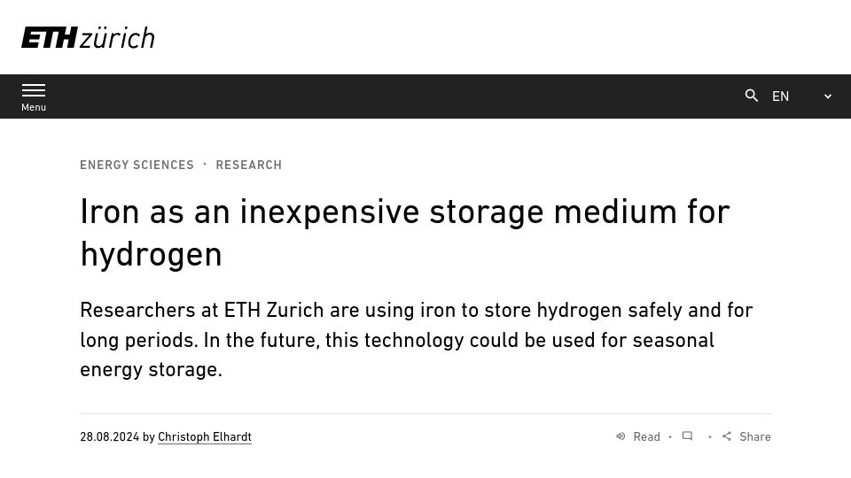Screenshot of ethz.ch: Iron as an inexpensive storage medium for hydrogen