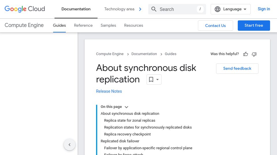 Screenshot of cloud.google.com: About synchronous disk replication