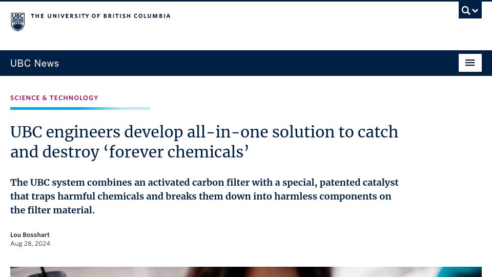 Screenshot of news.ubc.ca: UBC engineers develop all-in-one solution to catch and destroy forever chemicals