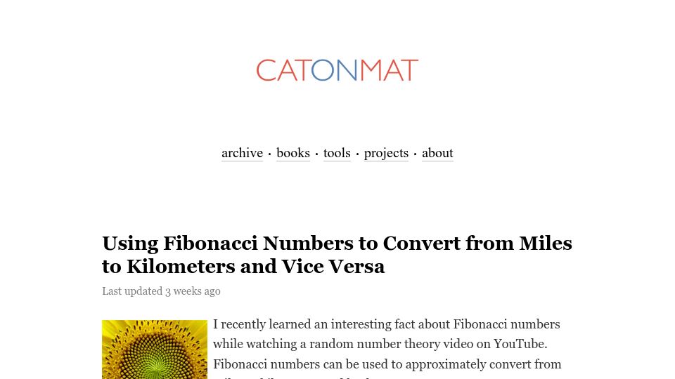 Screenshot of catonmat.net: Using Fibonacci numbers to convert from miles to kilometers and vice versa