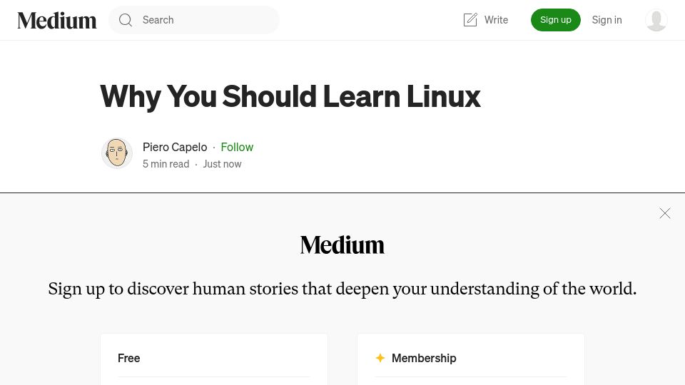 Screenshot of opiero.medium.com: Why You Should Learn Linux (As a Developer)