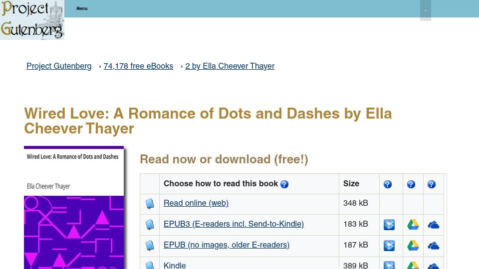Screenshot of gutenberg.org: Wired Love: A Romance of Dots and Dashes (1880)